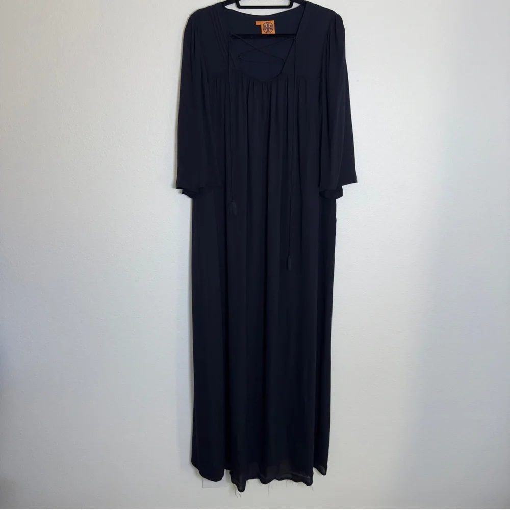 Tory Burch 100%‎ Silk Maxi Dress Navy Size 6 3/4 Length Sleeve